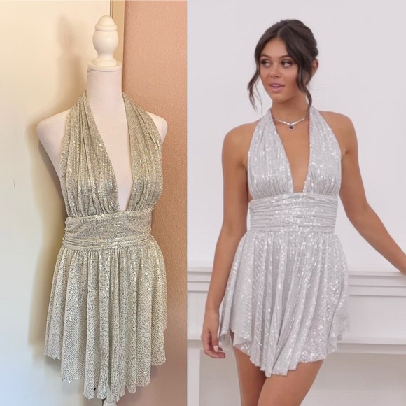 Lucy In The Sky Silver Sequin Halter Dress - Picture 1 of 17